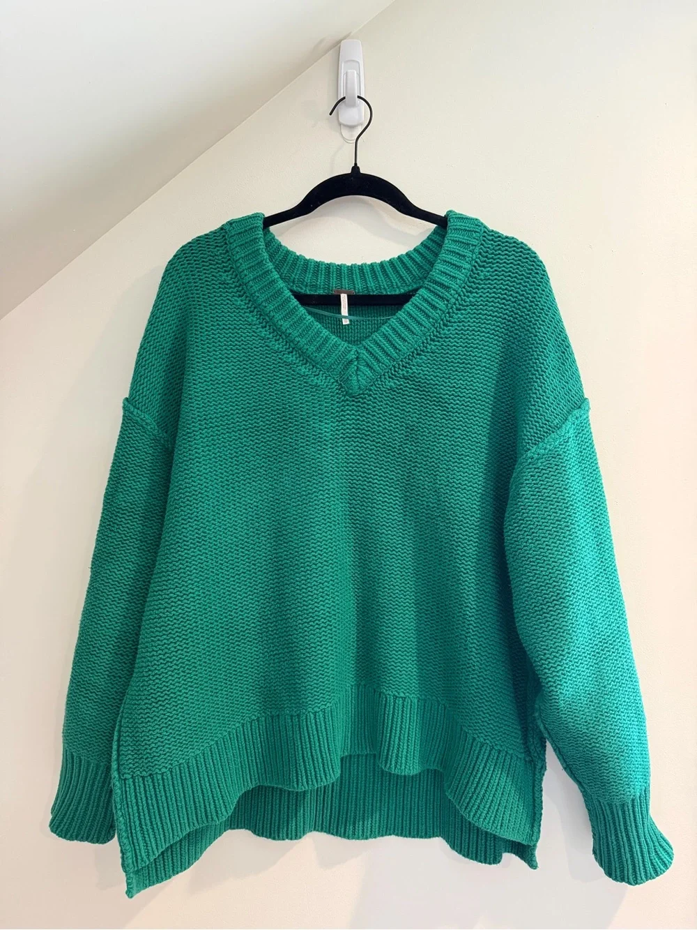 Free People Teal Green Oversized Alli V-Neck Knit Sweater